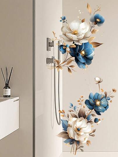 1pc Home Decorations Contemporary Style Blue Flowers Wall Stickers, Floral Decals For Glass Surfaces, Self-Adhesive Home Decor, Vinyl Decal For Home Decorations, Wall Decoration Items Refresh Your Home
