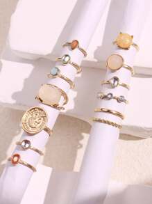 13 件/套复洛克金属肖像果冻色戒指（随机 2 种颜色），女士日常配饰和节日礼物