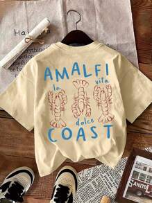 Women's Letter & Lobster Print Round Neck Short Sleeve Milk Silk Regular T-Shirt
