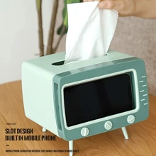 1 Pc Fun Cute TV Tissue Box Holder,Multi Functional Square Tissue Box Cell Phone Holder For All Smartphone Toilet Paper Napkin Box Desktop Decoration For Room Bathroom Kitchen Dining (Green) - Multicolor - View 3