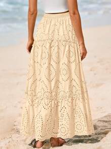 Women's Casual Lace Embroidery Eyelet Elastic High Waist Tiered A-Line Flowy Long Skirt Summer Boho Bohemian Beach Spring Holiday Vacation Going Out Valentine Long Maxi Skirt Outfits - Màu be - Xem 2