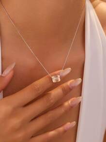 BALMORA 1 Piece Of Elegant, Fashionable And Versatile S925 Sterling Silver Square Zirconia Pendant Necklace, Women's Collarbone Chain, Summer Outfit Gift - Silver - View 2