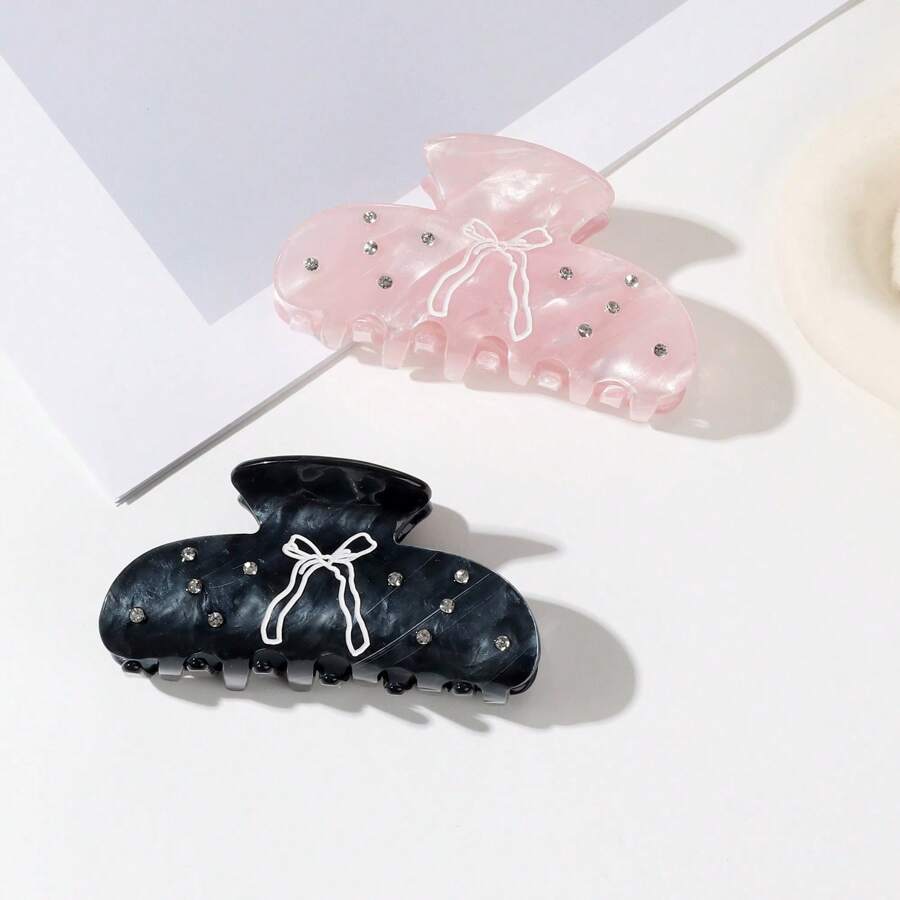 1 Pc Cute Rhinestone Butterfly & Hair Claw Hair Clip, Pink & Black Hair Jaw Clip
