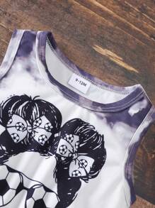 Baby Mädchen Outdoor Sport Lässig Frühling/Sommer 2-Teiler, mit Farbverlauf Schwarz & Weiß Graffiti, Mädchen Schleife, Brille, Buchstaben Muster ärmelloses Top und schwarze Fußball Linien Shorts - Weiss - Übersicht 3