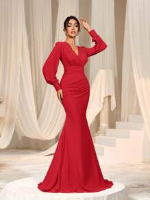 Faeriesty Đầm phù dâu dài bằng chiffon thanh lịch, cổ chữ V, tay áo cánh hoa với bèo nhún và ruy băng satin. - Đỏ - Xem 5