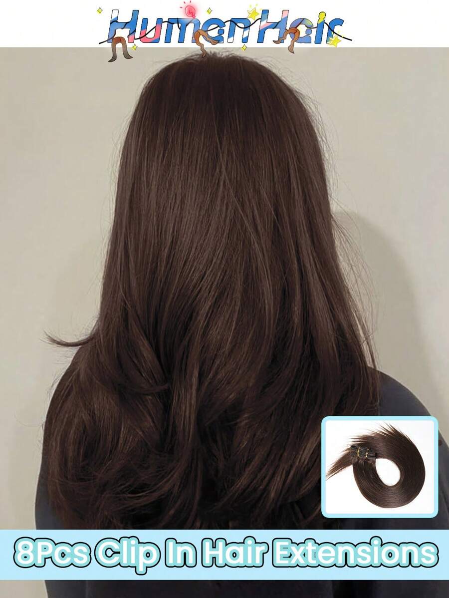 Extensiones de cabello natural color marrón oscuro tipo clip de 8 piezas en 1 paquete, extensiones de cabello humano Remy suaves y sedosos, rectos - S2 - Ver 1