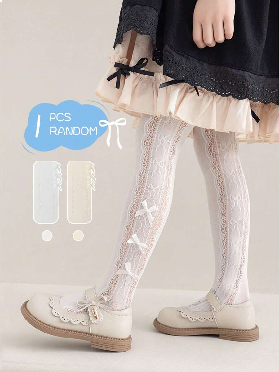 1 buc colanți din plasă cu fundă scobită din scoarță pentru fete, colanți personalizați la modă, respirabili, moi și confortabili, potriviți pentru zi cu zi, cadouri de sărbători, înapoi la școală, culoare/stil aleatoriu