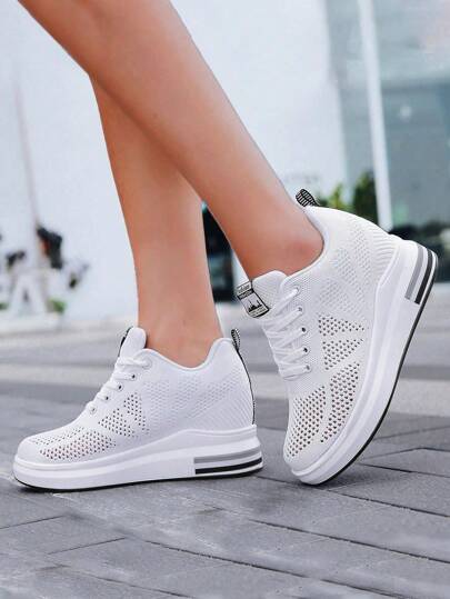 Women's White Platform Sneakers, Thick Sole, Summer Wedge Heel Shoes, White Elevated Sports Shoes, Hidden Lift Casual Shoes, Breathable Mesh Lace-Up Elevator Shoes