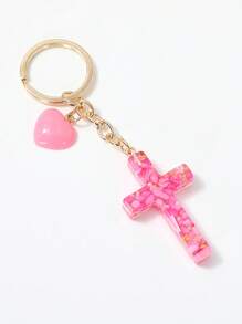 1pc Women's New European & American Style Resin Heart Cross Pendant Keychain, Shiny Cross Tassel Charm Accessory, Simple Backpack Hanging Ornament, Small Gift - Multicolor - View 12