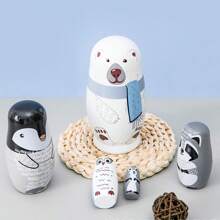 5pcs Handmade Animal Nesting Dolls, Arctic Bear Design, 5.7 Inches (Approx. 14cm) Tall, Wooden Russian Matryoshka Dolls, Animal Shaped, Stacking Toys, Birthday Christmas Gift, Home Decor - White - View 3