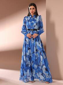 Women Printed Long Sleeve Casual Long Dress - Blue - View 1