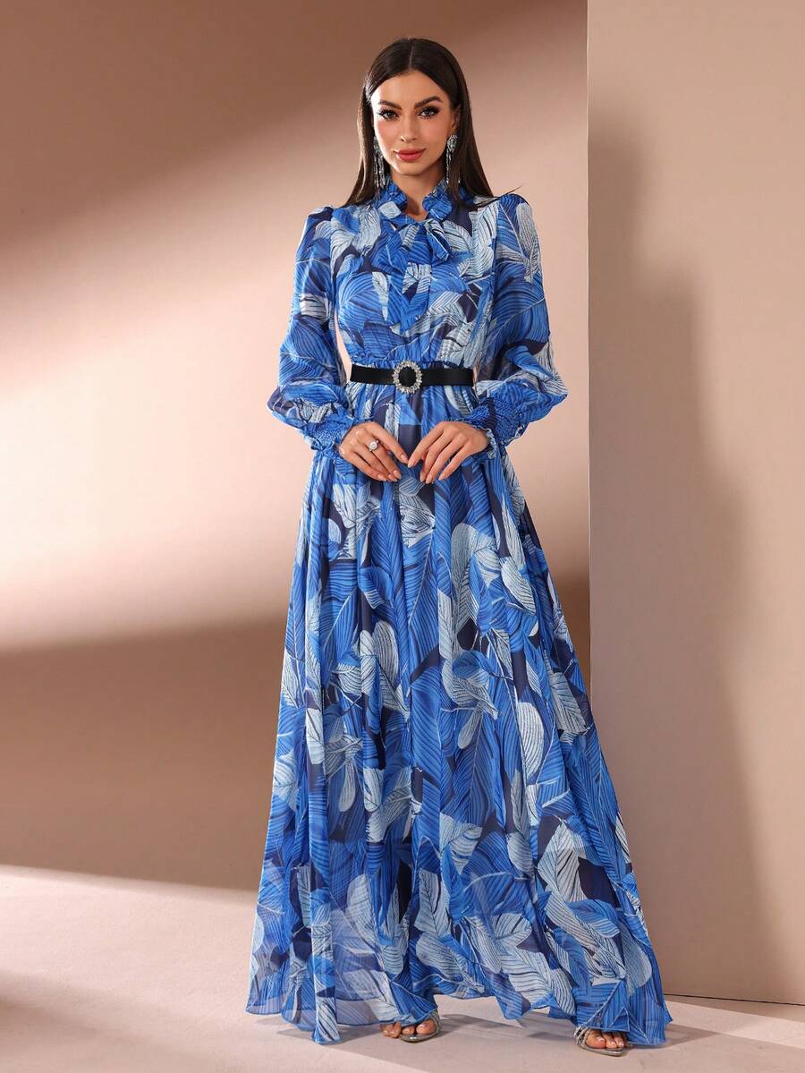 Women Printed Long Sleeve Casual Long Dress - Blue - View 1