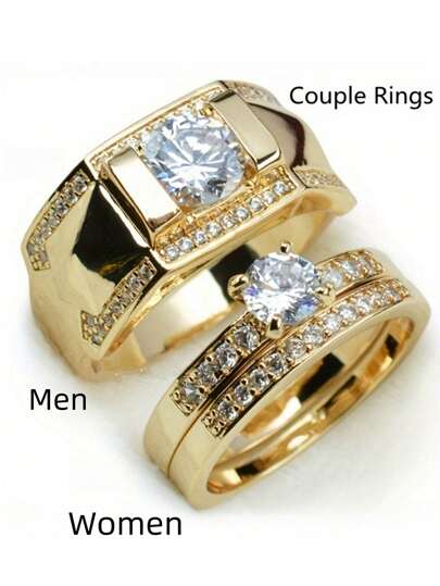 طقم خاتم زوجي كلاسيكي فاخر، حلقة المرأة المرصعة بالزركونيا المكعبة وحلقة الرجل للخطوبة والزفاف، هدية عيد الحب