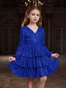 ALISA&LEO Girls' Sequin V-Neck Lantern Sleeve Layered A-Line Sheer Formal Dress, Suitable For Red Carpet, Gala, Black Tie Wedding, Awards Ceremony, Charity Ball And Other Formal Occasions - Royal Blue - View 5