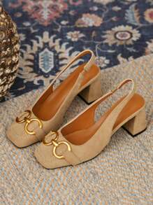 女士包头粗跟凉鞋，法式高跟便鞋，春夏季 - 杏色 - 查看 7