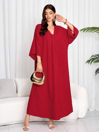 春夏时尚优雅纯色 V 领蝙蝠袖女式阿拉伯连衣裙，端庄