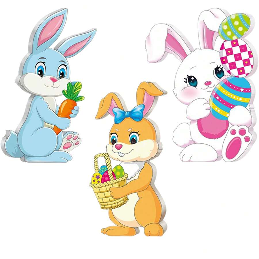 Letreros de madera de Pascua 2D con forma de conejito de dibujos animados, bandejas escalonadas de primavera para decorar el hogar. - Multicolor - Ver 1
