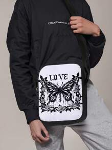 蝴蝶图案印花休闲斜挎包，可调节肩带，轻质拉链腰包，涤纶材质，拉链封口邮差包