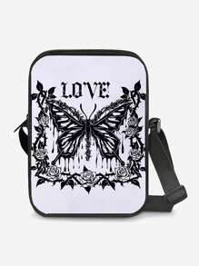 蝴蝶图案印花休闲斜挎包，可调节肩带，轻质拉链腰包，涤纶材质，拉链封口邮差包