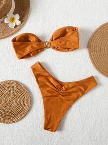 Women's Swimwear Set, Metal Decor Asymmetrical Front Bandeau With Detachable Straps, Sexy Holiday Split Bikini