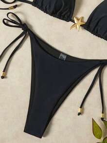 2 件套女士夏季度假泳装套装，露背领口海星金属装饰简约性感比基尼 - 黑色 - 查看 4