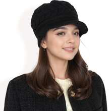 Gorra de boina de mujer de punto con patrón de cable trenzado y diseño de ala elegante - Negro - Ver 5