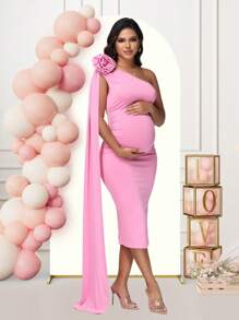 Maternity One Shoulder Floral Patch Baby Shower Midi Dress Floating Sleeves Party Women Gown - 淺粉色 - 查看 6