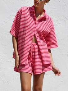 Womens Fashion 2 Piece Casual Tracksuit Outfit Sets Long Sleeve Shirt Loose High Waisted Shorts Set - Pink - View 2