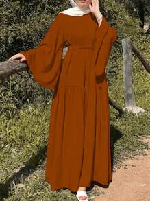Women's Elegant Solid Color Flare Sleeve Dress, Spring/Summer - Coral Orange - View 1