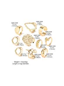 10 Pairs Fashion Unique Metal Asymmetrical Exaggerated Design Rings Set, Elegant & Versatile For Daily Wear, Women