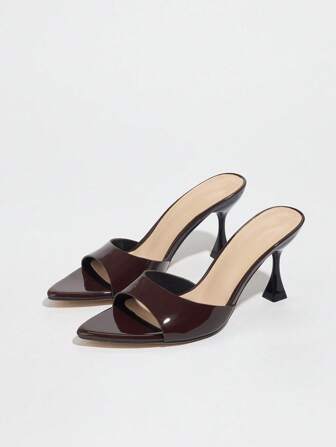 Jin Bei Qi Women's High Heel Dress Shoes For Party, Night Club, Outdoor Events - Pointed Toe, Shiny Patent Leather, Colorful Material, Sexy Mules, Elegant Coffee Brown Color