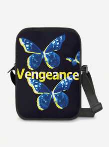 蝴蝶图案印花休闲斜挎包，可调节肩带，轻质拉链腰包，涤纶材质，拉链封口邮差包