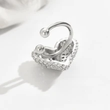 1pc Rhinestone Heart-Shaped Ear Cuff, Simple Elegant Style Suitable For Non-Pierced Ear, New European And American Retro Design - Silver - View 2