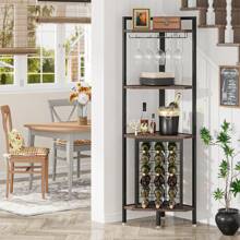 LITTLE TREE 4-Tier Corner Wine Rack With Glass Holder, Industrial Corner Bar Corner Wine Cabinet, Freestanding Corner Wine Shelf For Living Room, Small Space - Brow - View 4