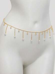 1 件女士法式仿珍珠流苏吊坠腰链，奢华优雅风格 - 金色 - 查看 1