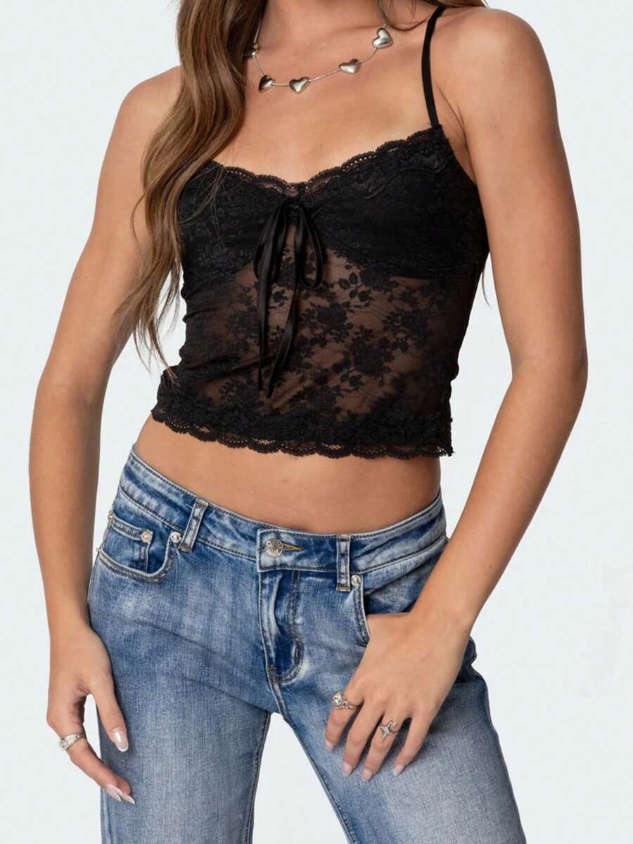 Women's Lace Cami Tops Sleeveless Spaghetti Strap Tie-Up Front Floral Cropped Camisole Shirts - màu đen - Xem 1