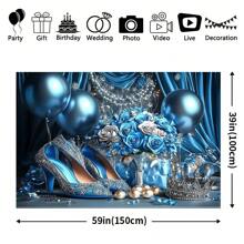 优雅的蓝色生日背景，配有气球、鲜花和闪亮的高跟鞋 - 聚酯照片亭装饰，适合派对庆祝活动，庆祝装饰品 | 节日活动装饰品 | 精美的设计，生日派对装饰礼物毕业