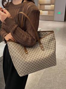 حقيبة كتف كبير بطباعة متكررة مقبض مزدوج للعمل