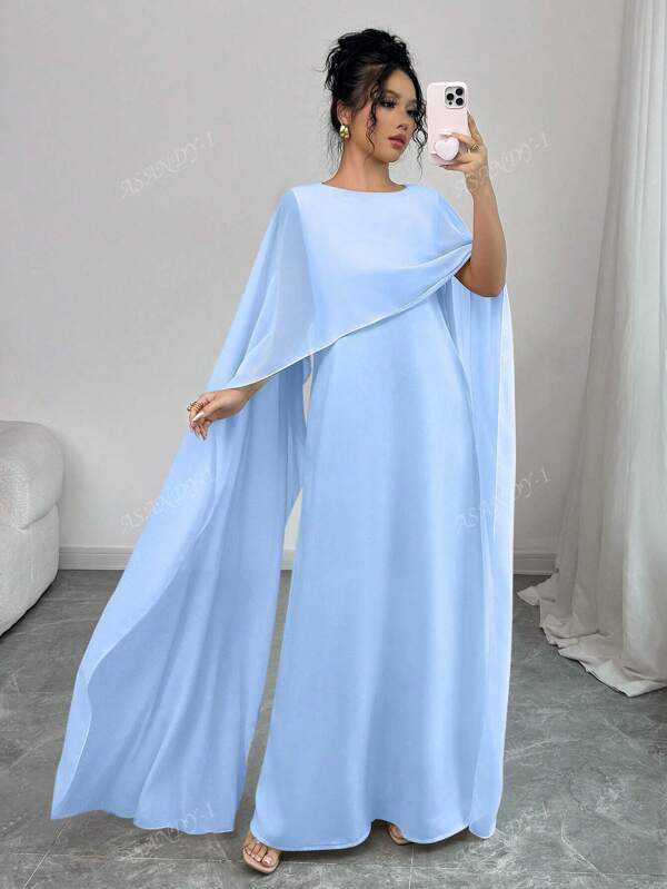 Women's Loose Casual Solid Color Chiffon Sheer Breathable Middle East Style Dress,Modest