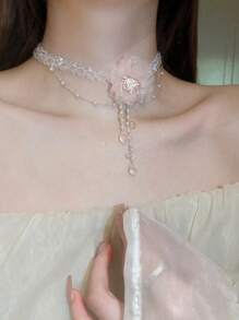 Set de 2 piezas de aretes y collar con flor de malla rosa de aguja plateada y borla de perlas falsas, diseño dulce y Charm elegante para San Valentín