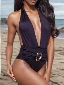 1pc Women Summer Beach Nylon Backless Deep V-Neck Hollow One-Piece Swimsuit - Black - View 3