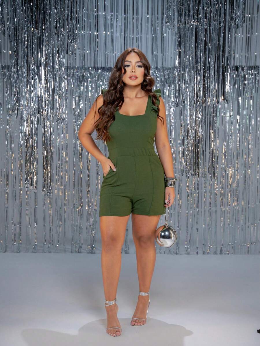 Women's Strappy Ruffle Short Romper Lined With PadBlingblingCasualElegantCuteBacklessPleatedZipper - xanh quân đội - Xem 1