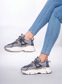 Tenis casuales para mujer cómodos y juveniles con plataforma chunky, calzado moderno y resistente para dama, ideales para uso diario estilo urbano con suela antiderrapante - Gris - Ver 3