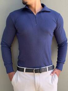 Cacharrel Zip Polo Neck Long Sleeve ITALIAN Classic - Navy Blue - View 8