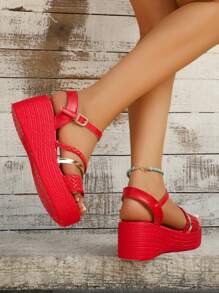 Women's Woven Strap Single Buckle Open Toe Casual Non-Slip Thick Sole Comfortable Wedge Sandals, Suitable For Pants And Skirts - Red - View 6