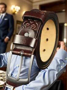 男士针扣皮带，真牛皮休闲复古百搭商务牛仔裤腰带，适合青少年、休闲户外、运动、旅行、度假、毕业礼物、生日礼服配饰、日常穿着 - A - 查看 3