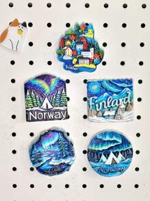 1pc Resin Travel Souvenir Artwork Fridge Magnet, Nordic European Style Green Aurora Borealis Snowy Mountains Landmark Cartoon Creative Kitchen Home Decor Magnets, Greenland Sweden Stockholm Finland Helsinki Norway Oslo Tromso Iceland Reykjavik - Multicolor - View 5