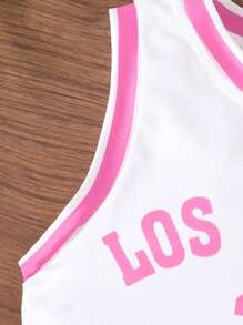 2pcs Girls Summer Cheerleader Style Round Neck Letter Print Short Sleeve Top And Solid Color Pleated Skirt Outfit