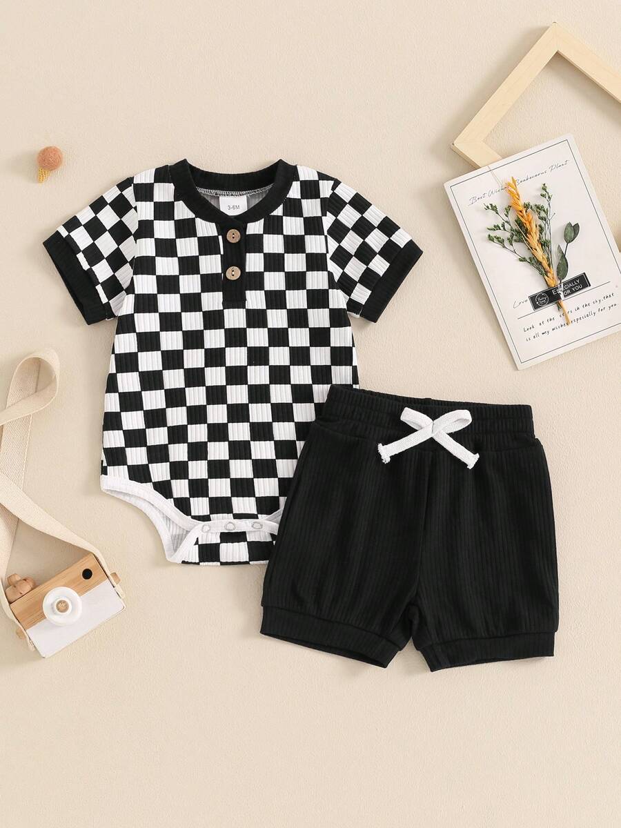 Baby Boys Summer Outfits Checkerboard Buttons Short Sleeve Romper And Shorts 2Pcs Clothes Set - Checkerboard Design Romper With Matching Shorts For Boys - Comfortable And Stylish Summer Clothing Set - Black - View 1