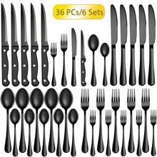 36-Piece Black Stainless Steel Cutlery Sets With Steak Knives Service For 6 Persons,Dishwasher Black Flatware Sets,Durable Silverware Sets Tableware Sets